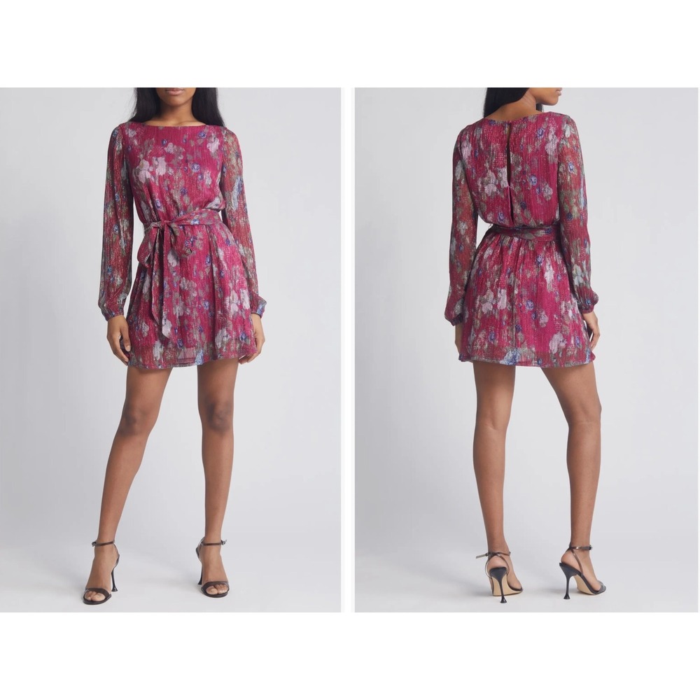 Dress The Population Mini Dress Womens L Pink Kirsi‎ Metallic Floral Plisse